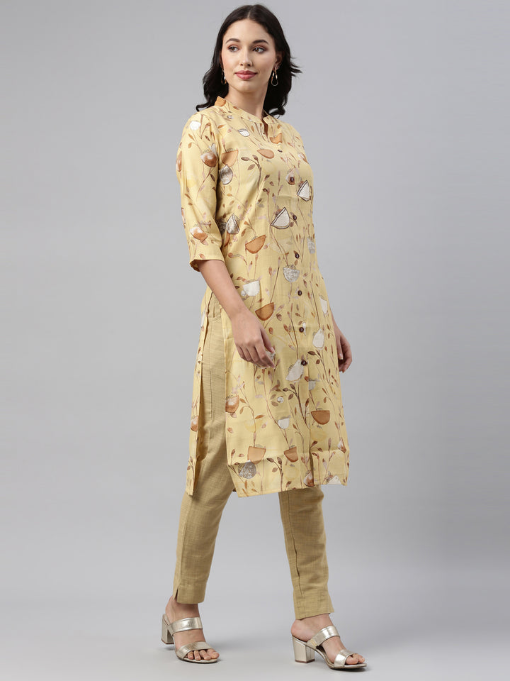 Neerus Yellow Color Muslin Fabric Tunic