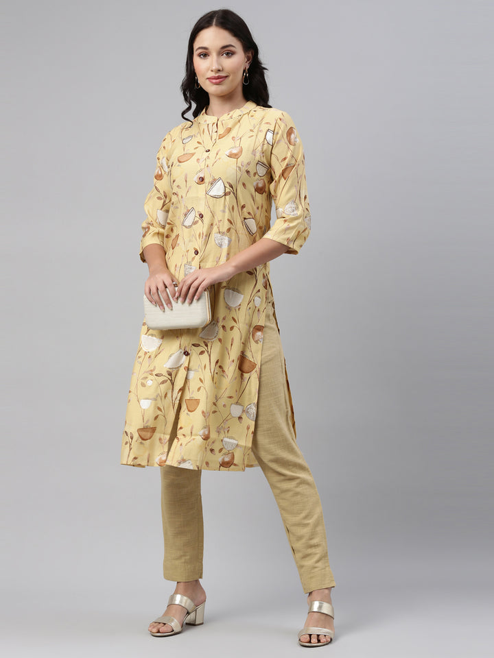 Neerus Yellow Color Muslin Fabric Tunic