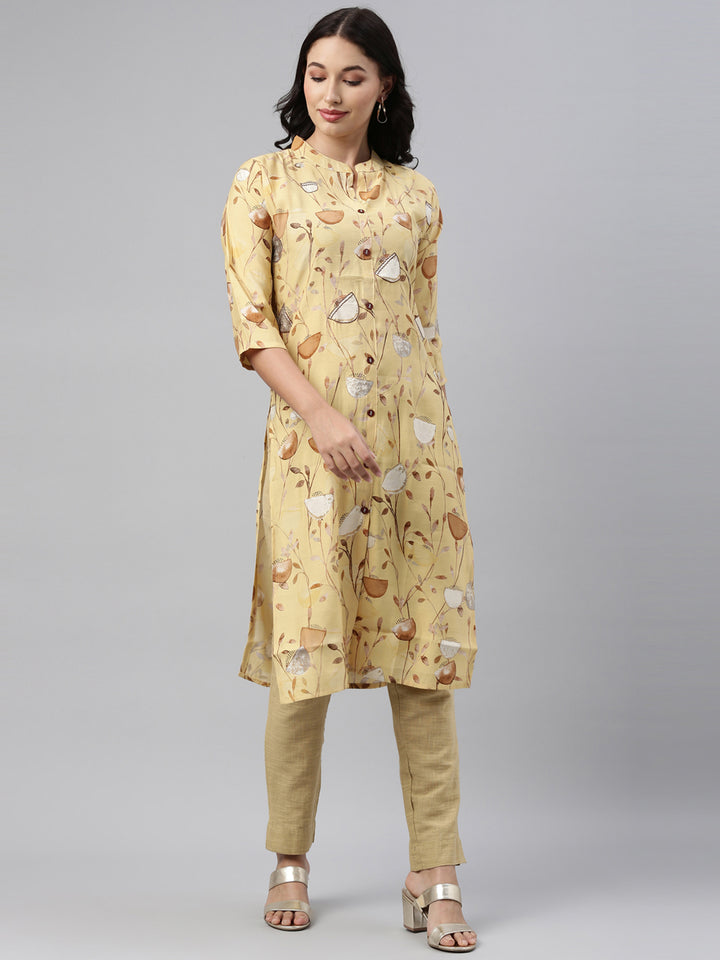 Neerus Yellow Color Muslin Fabric Tunic