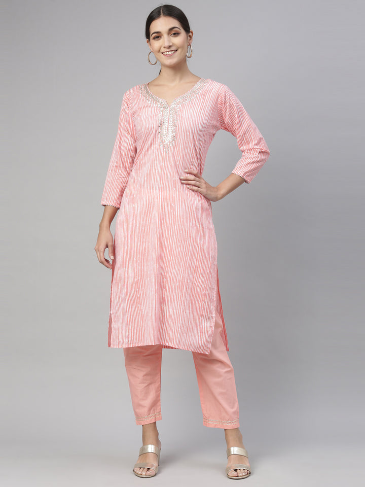 Neerus Pink cotton kurta set - front view