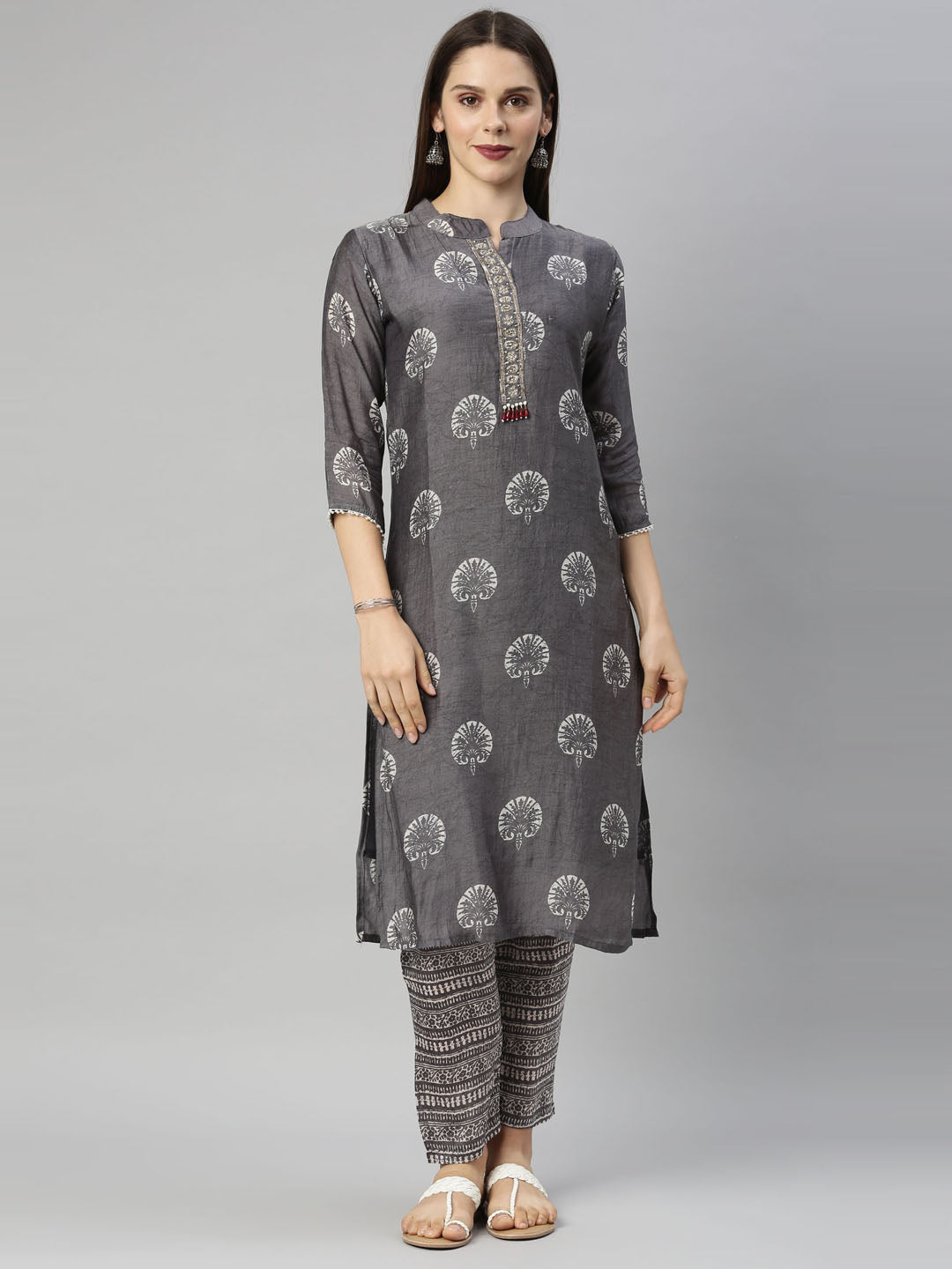 Neerus Grey Color Muslin Fabric Tunic