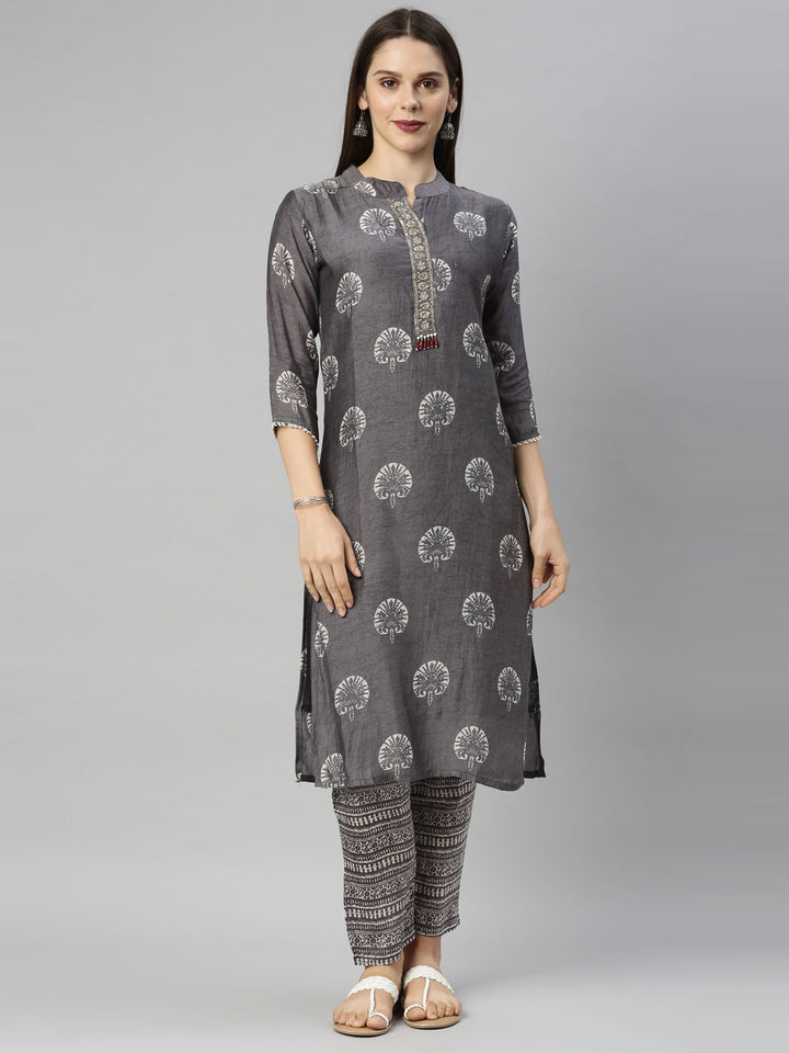 Neerus Grey Color Muslin Fabric Tunic