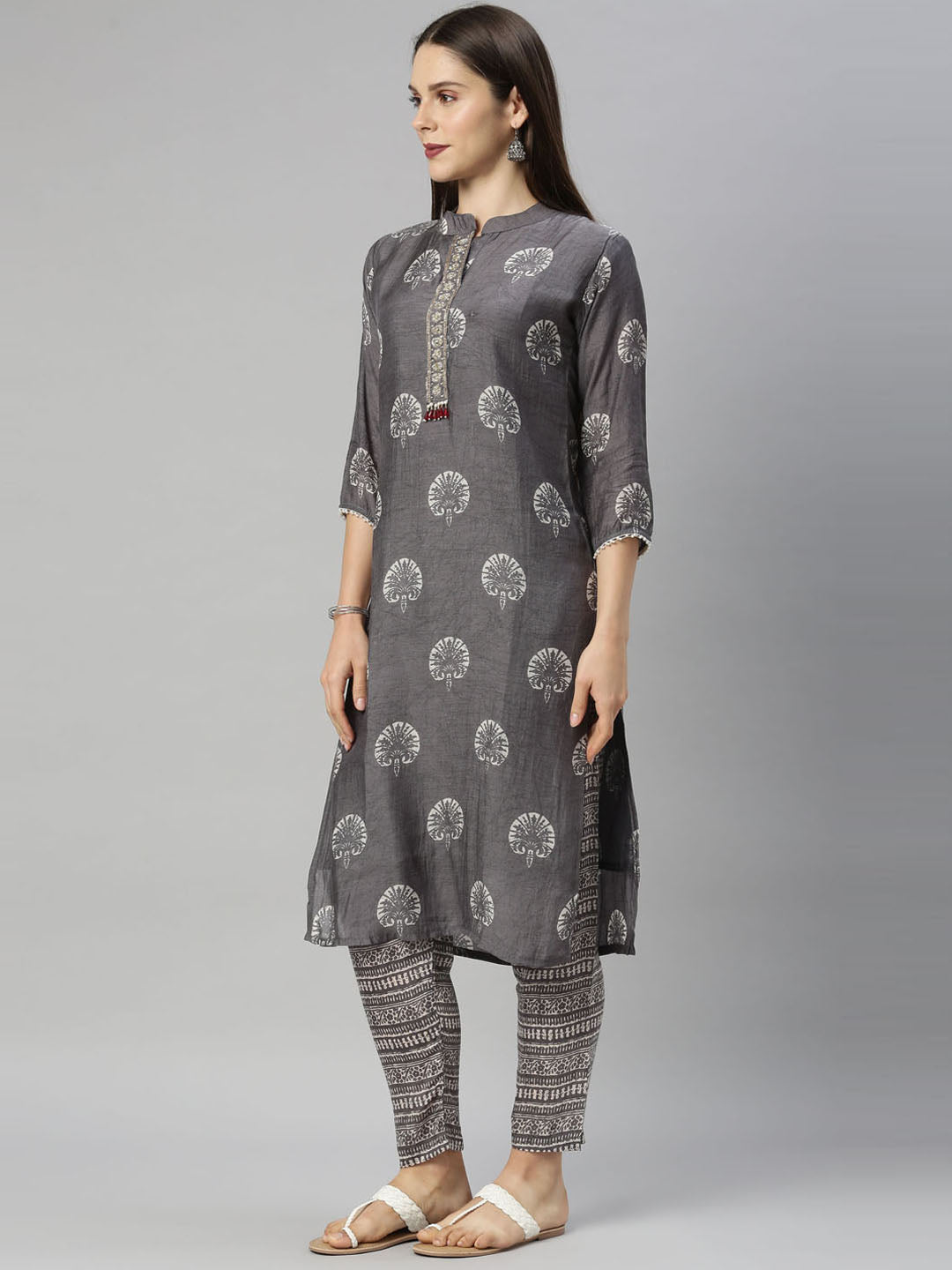 Neerus Grey Color Muslin Fabric Tunic
