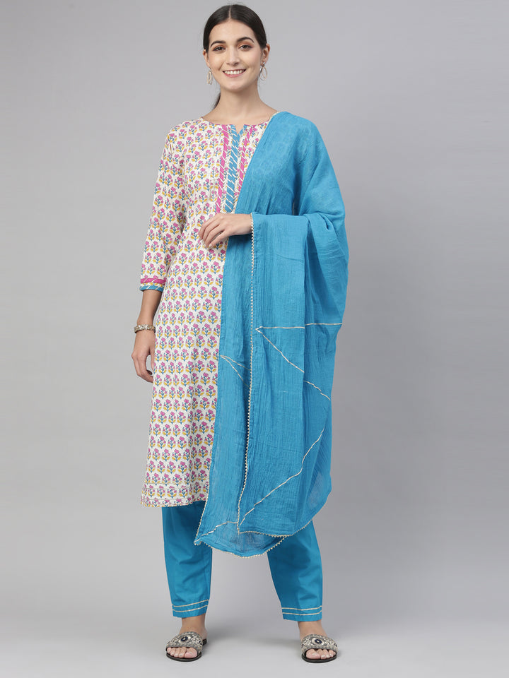 Neerus Blue cotton printed kurta set with churidar and dupatta - front view
