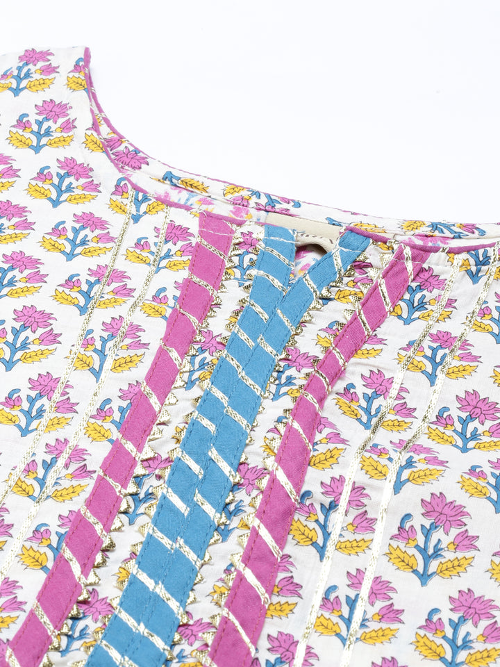 Neerus Blue cotton printed kurta set with churidar and dupatta - side view