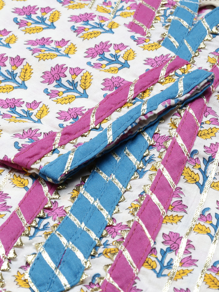Neerus Blue cotton printed kurta set with churidar and dupatta - detail view 1