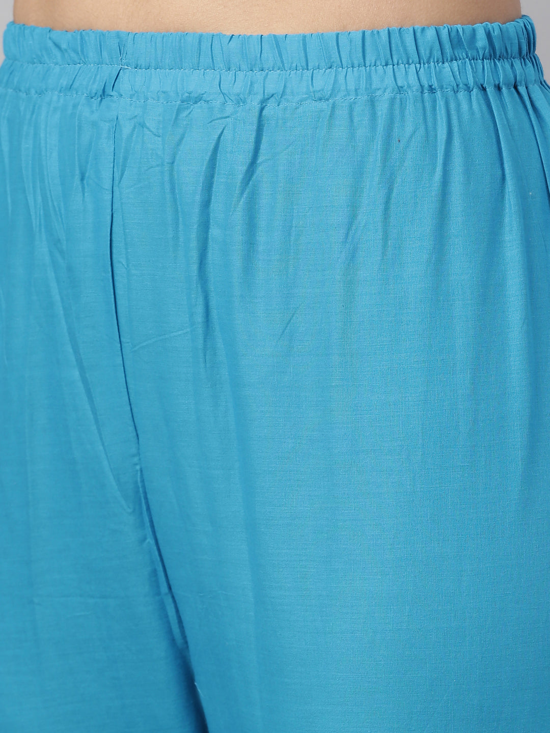 Neerus Blue cotton printed kurta set with churidar and dupatta - detail view 2