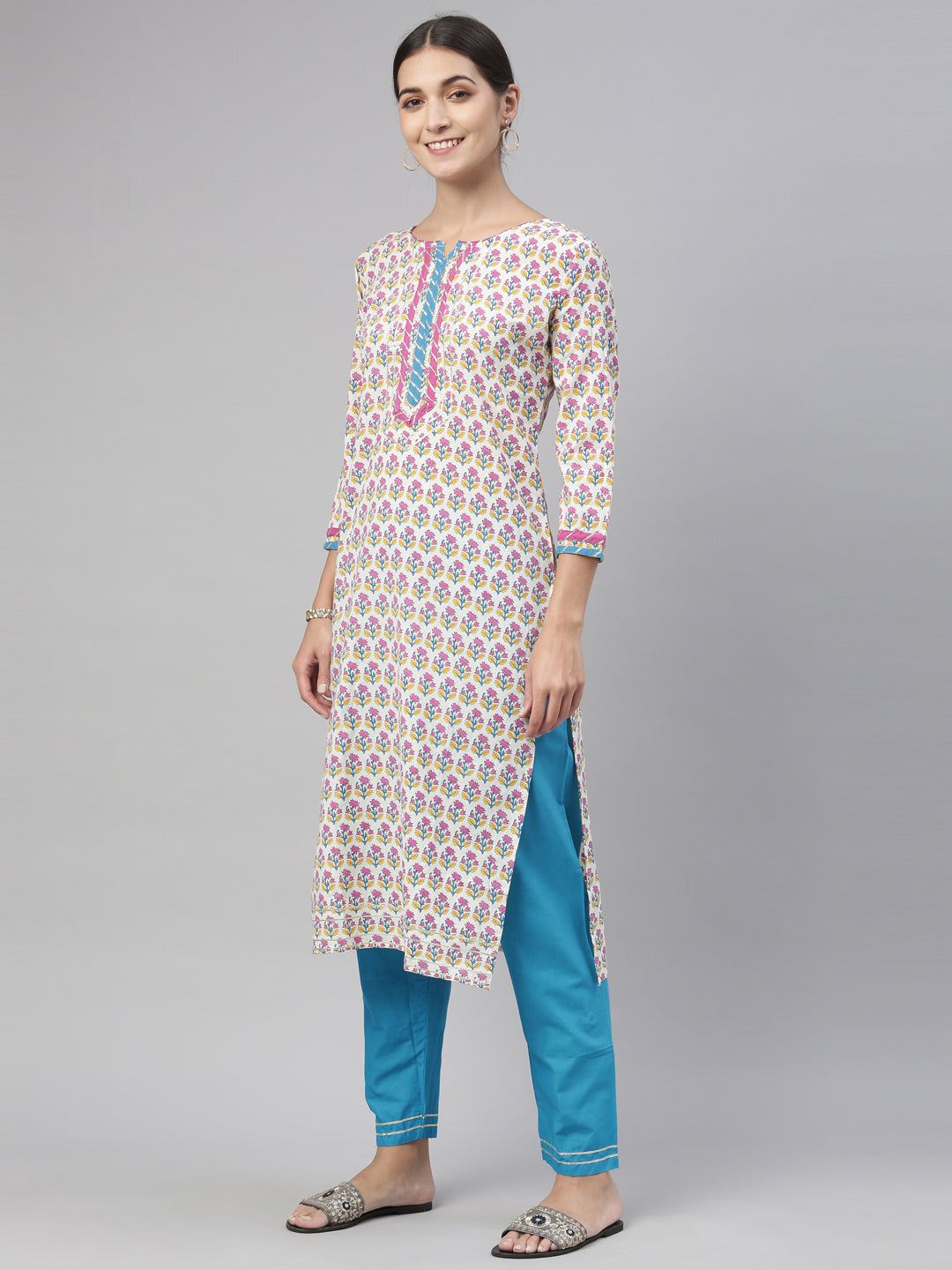 Neerus Blue cotton printed kurta set with churidar and dupatta - detail view 4