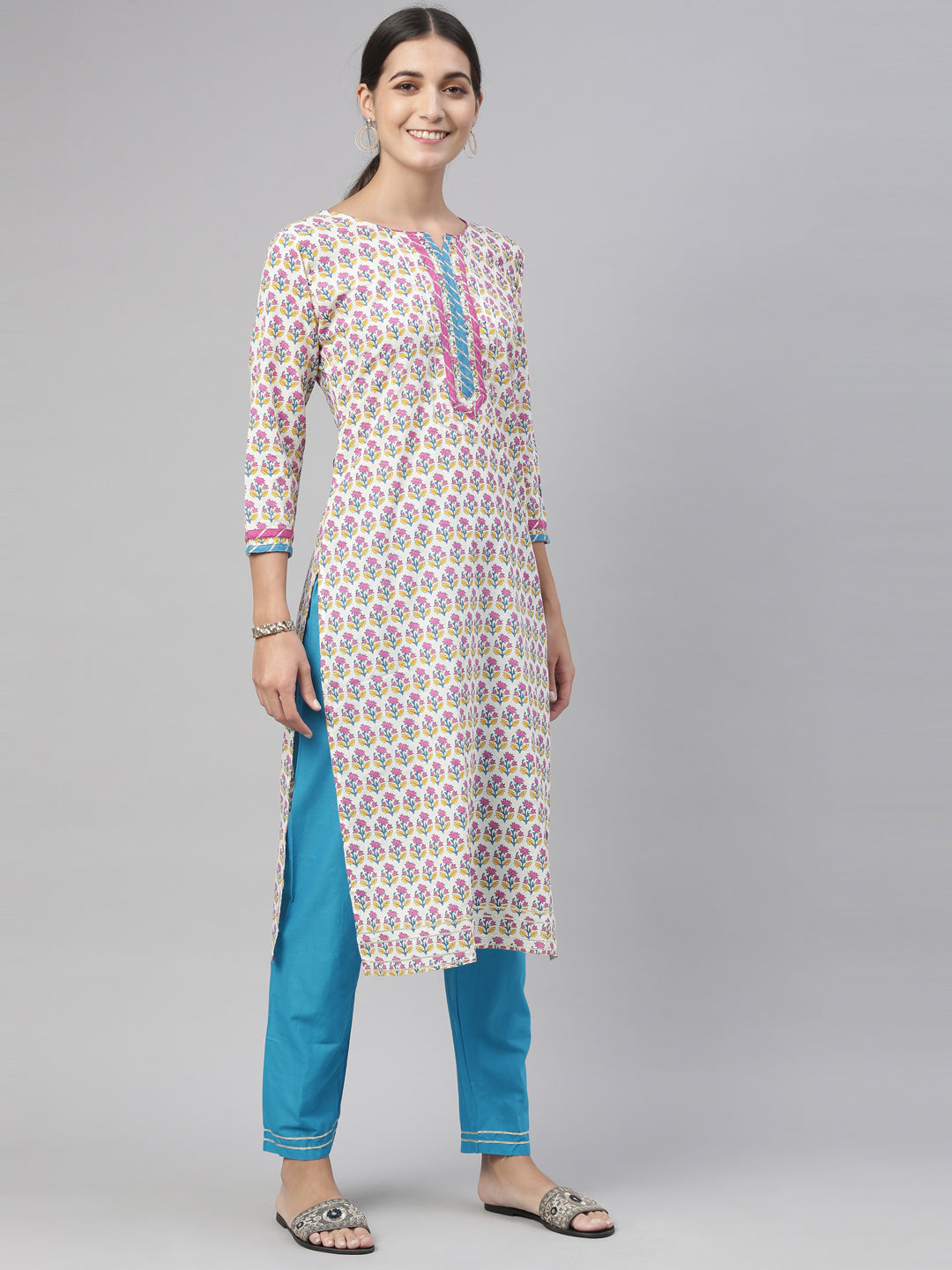 Neerus Blue cotton printed kurta set with churidar and dupatta - detail view 5