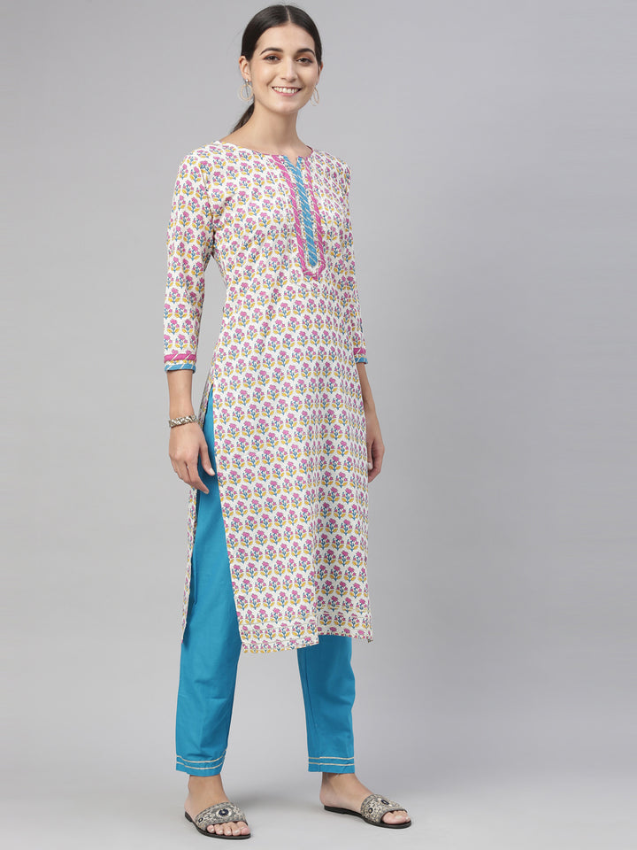 Neerus Blue cotton printed kurta set with churidar and dupatta - detail view 5
