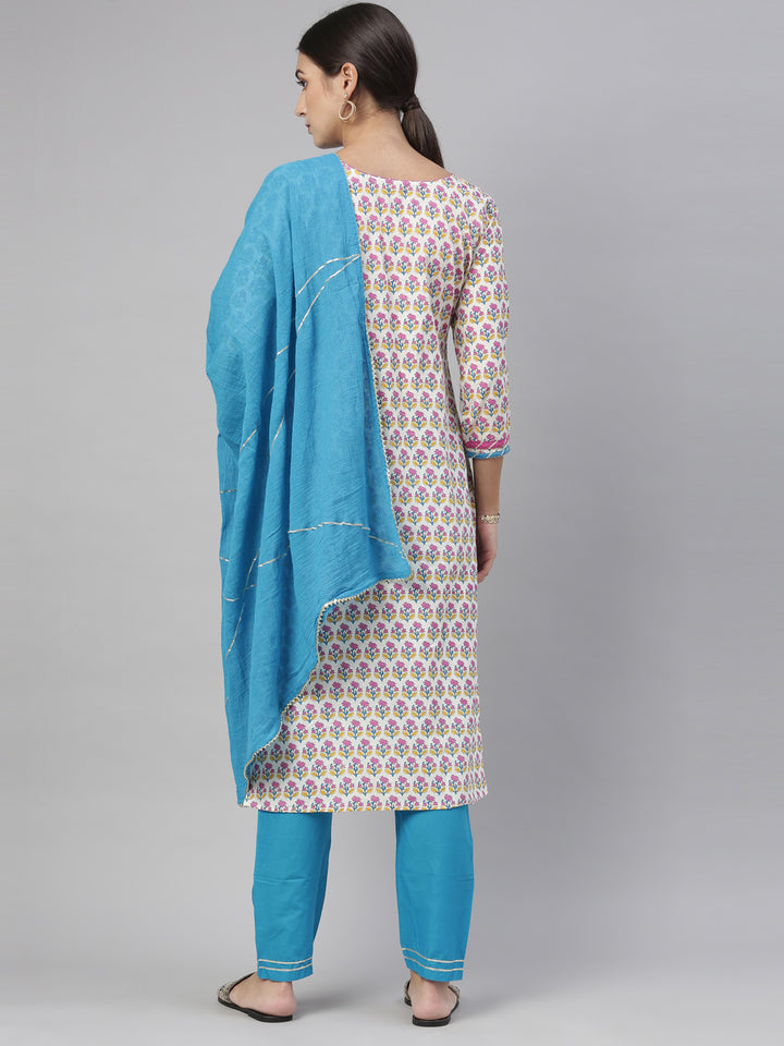 Neerus Blue cotton printed kurta set with churidar and dupatta - detail view 6