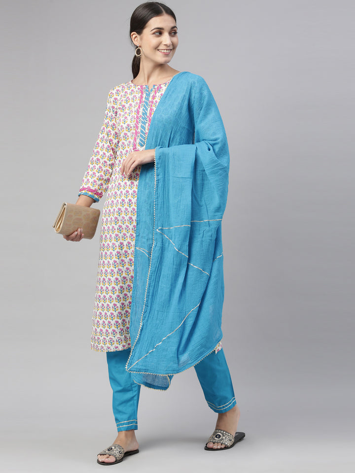 Neerus Blue cotton printed kurta set with churidar and dupatta - detail view 7