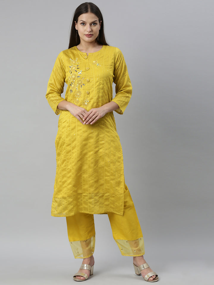 Neerus Yellow Chanderi straight kurta set - front view