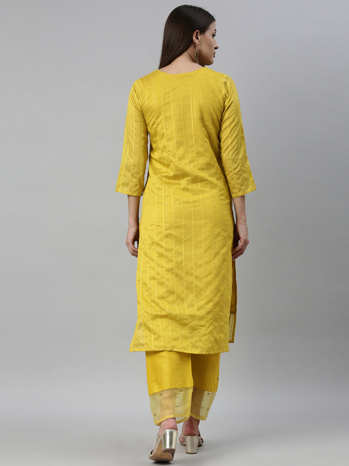 Neerus Yellow Chanderi straight kurta set - detail view 2