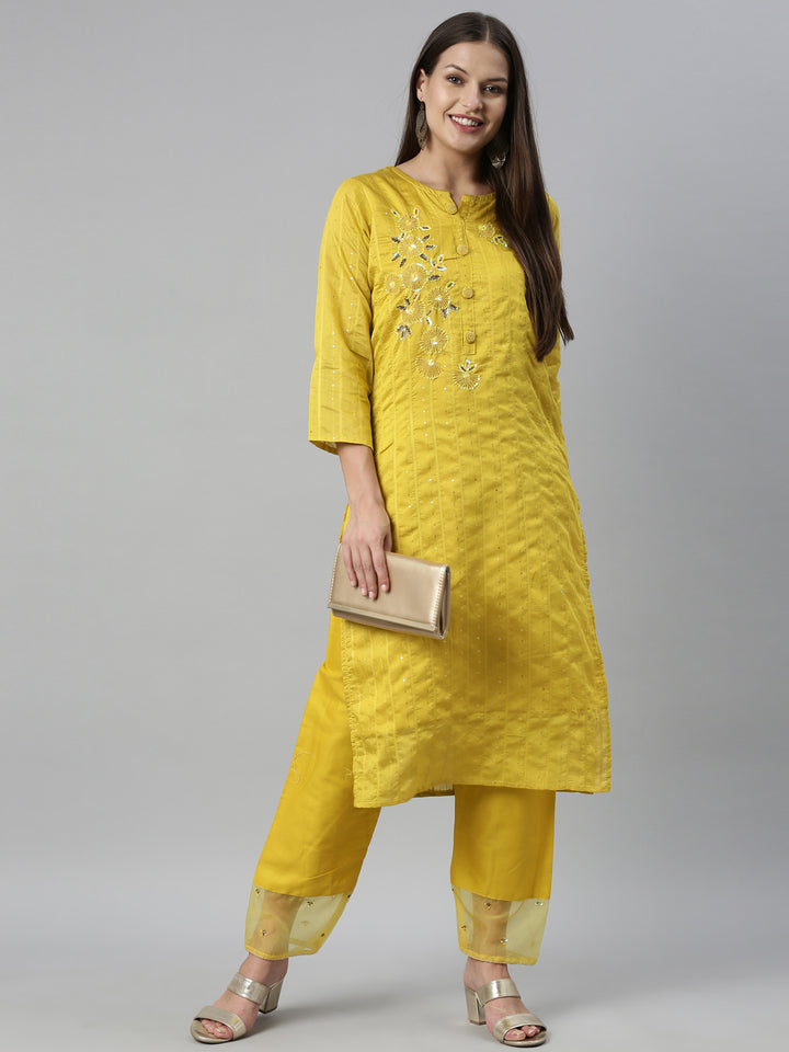 Neerus Yellow Chanderi straight kurta set - detail view 3
