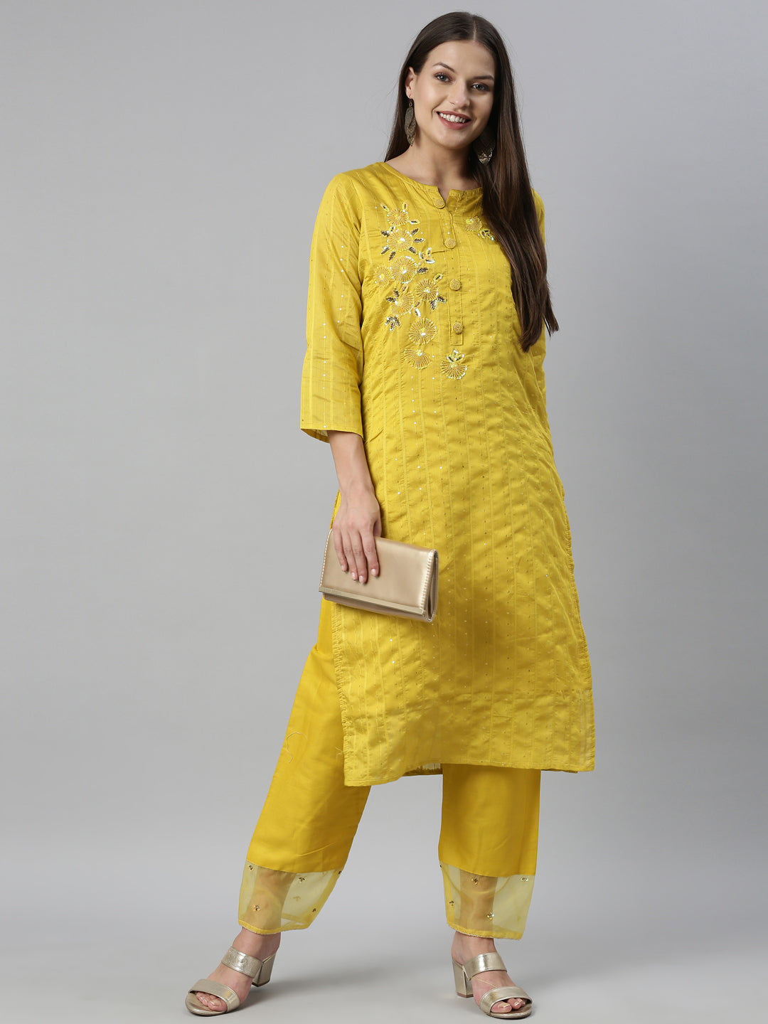 Neeru'S Yellow Color Chanderi Fabric Kurta Set