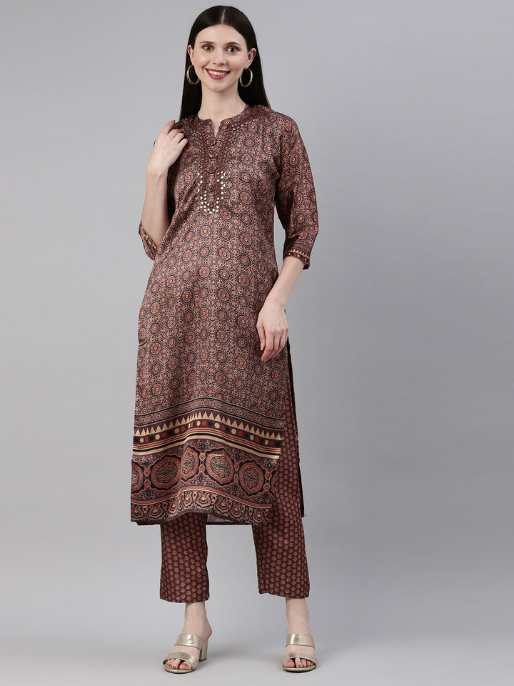 Neerus Brown Color Silk Fabric Kurta Set