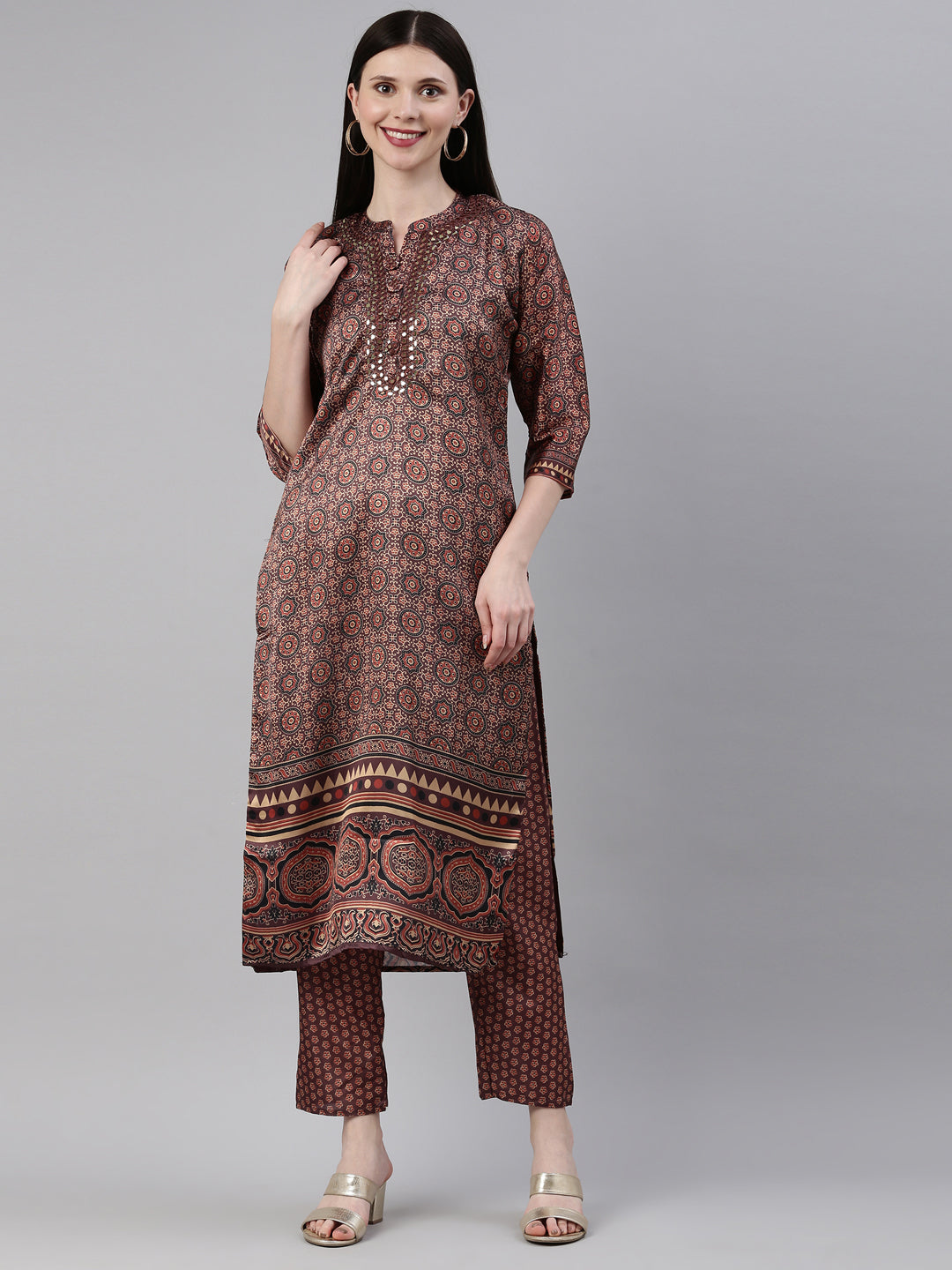 Neerus Brown Color Silk Fabric Kurta Set