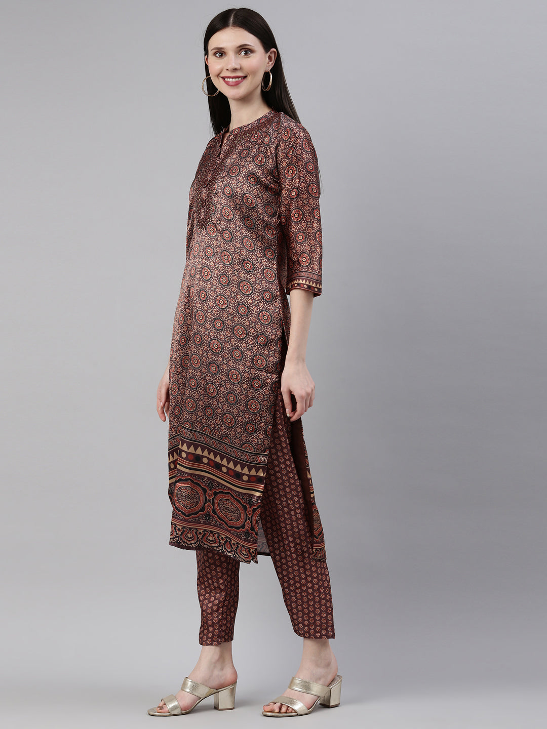 Neerus Brown Color Silk Fabric Kurta Set