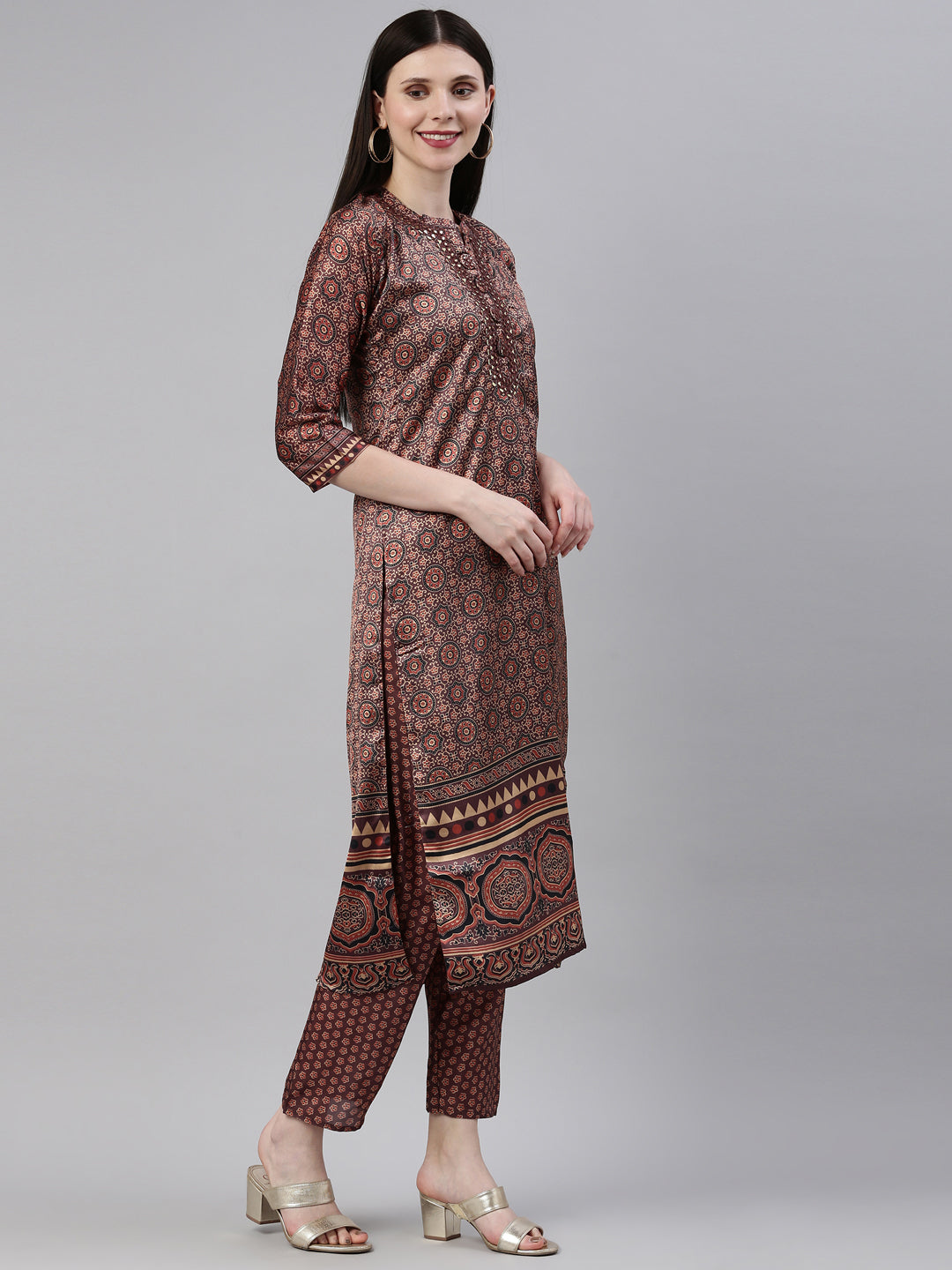 Neerus Brown Color Silk Fabric Kurta Set
