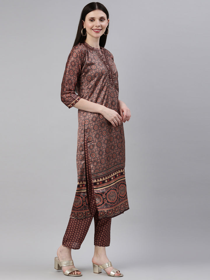 Neerus Brown Color Silk Fabric Kurta Set