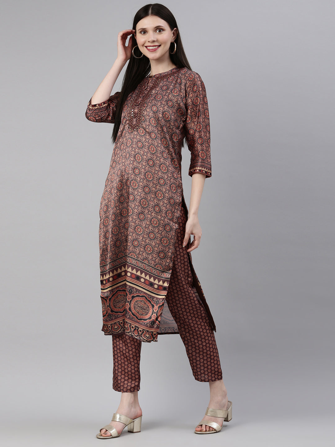 Neerus Brown Color Silk Fabric Kurta Set