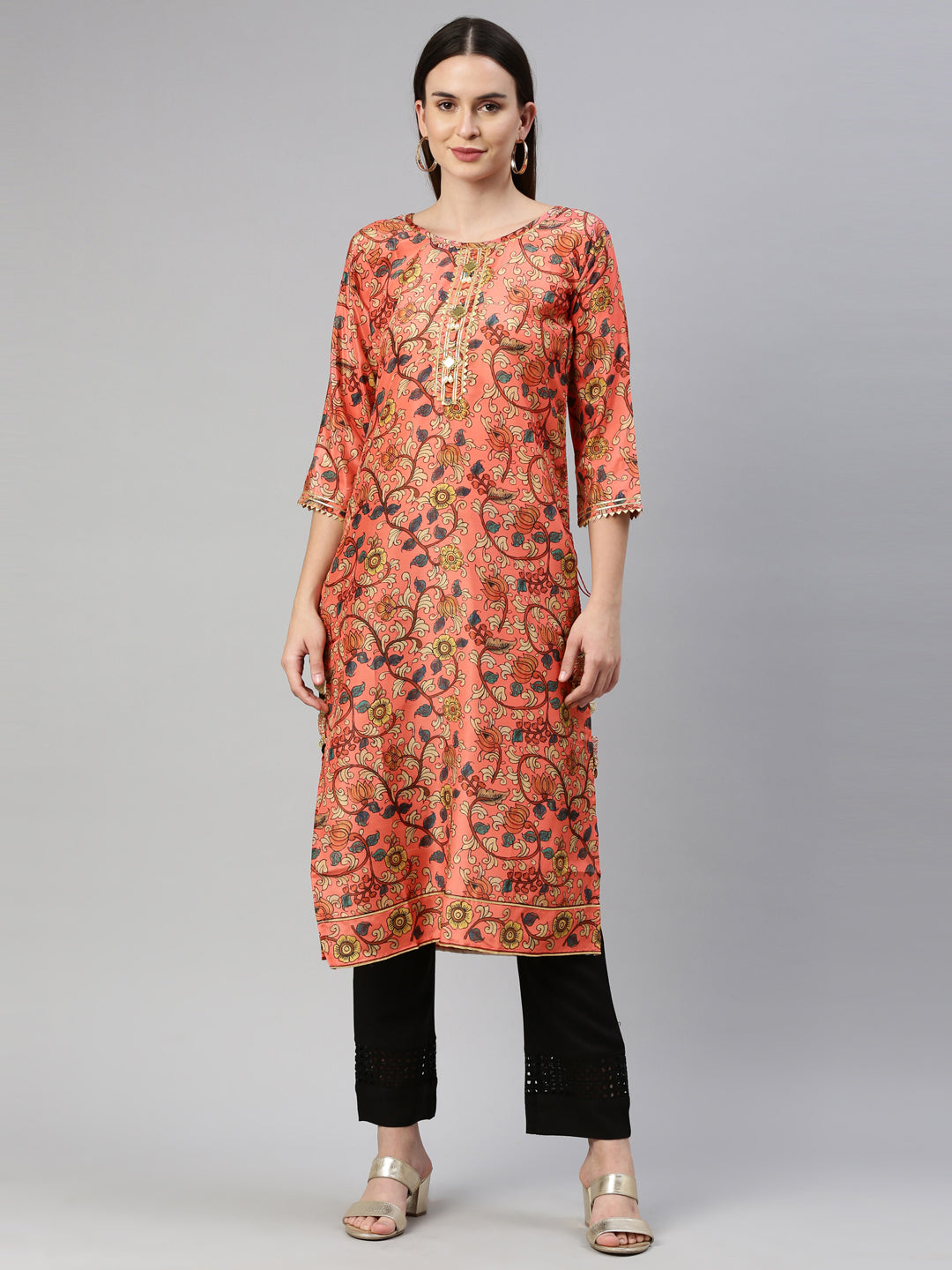 Neerus Orange raw silk printed kurti straight silhouette - detail view 6