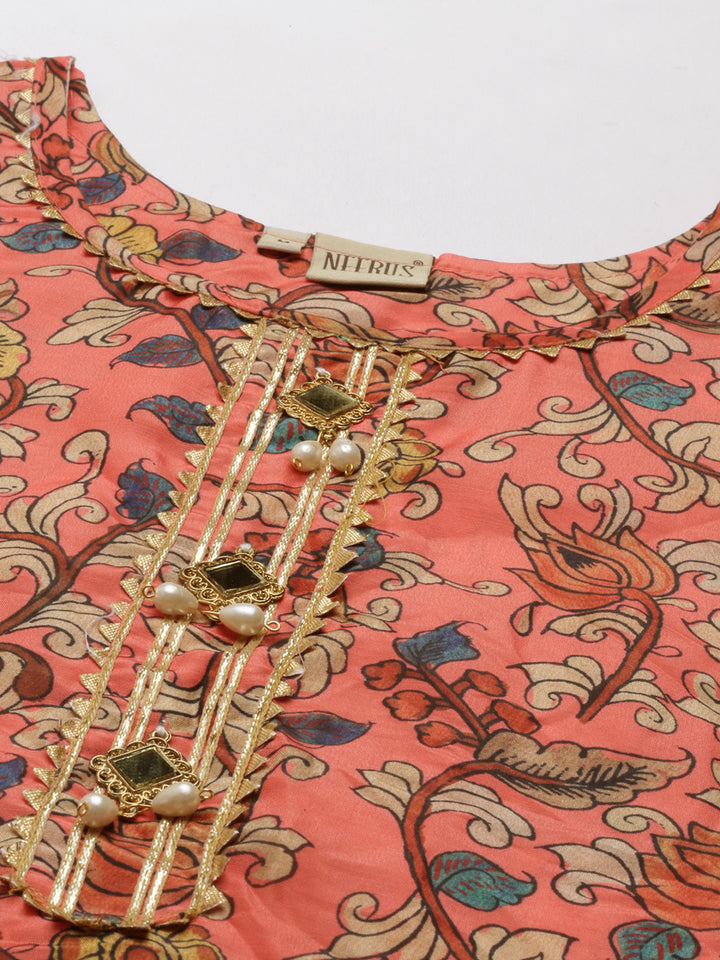 Neerus Orange raw silk printed kurti straight silhouette - back view