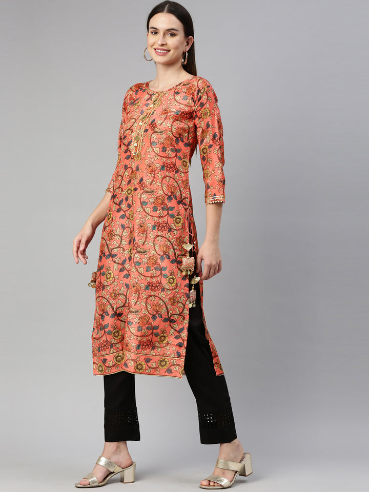 Neerus Orange raw silk printed kurti straight silhouette - side view
