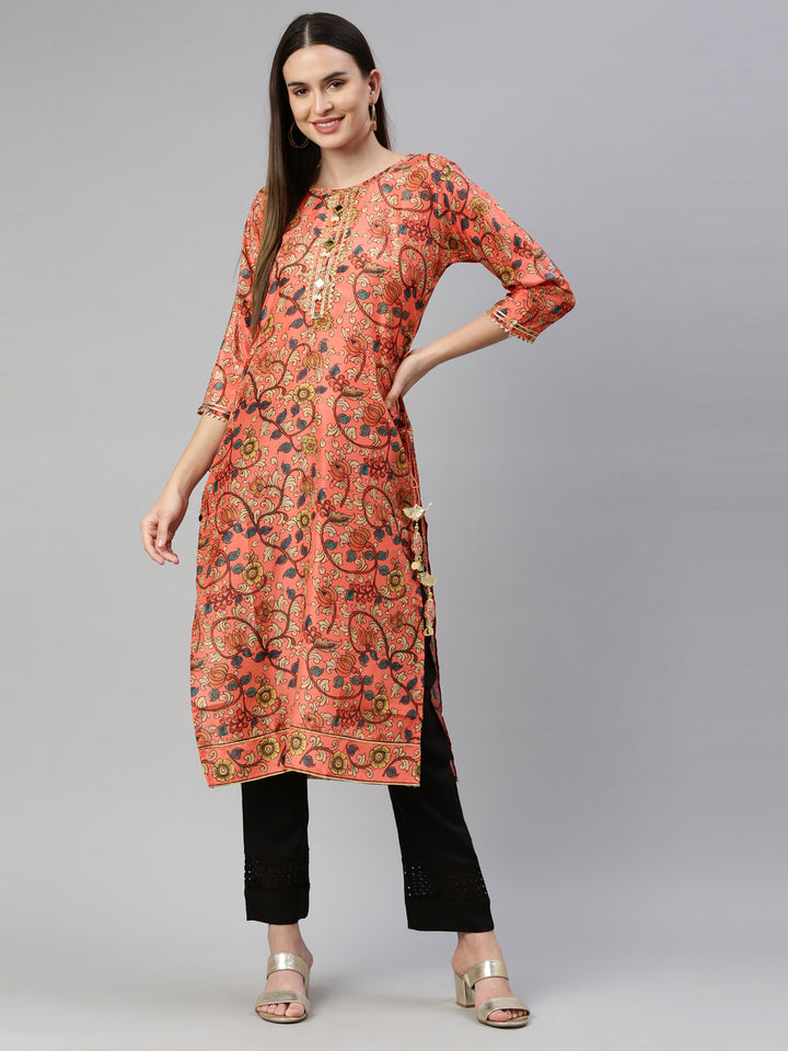 Neerus Orange raw silk printed kurti straight silhouette - detail view 3