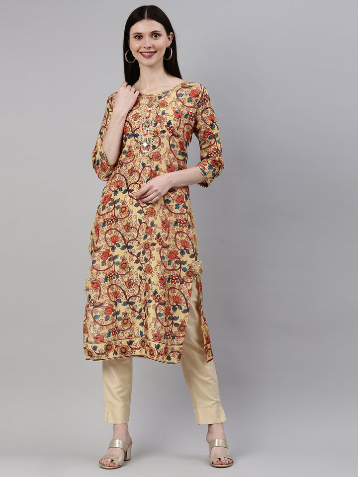 Neerus Yellow silk printed kurti straight silhouette - front view