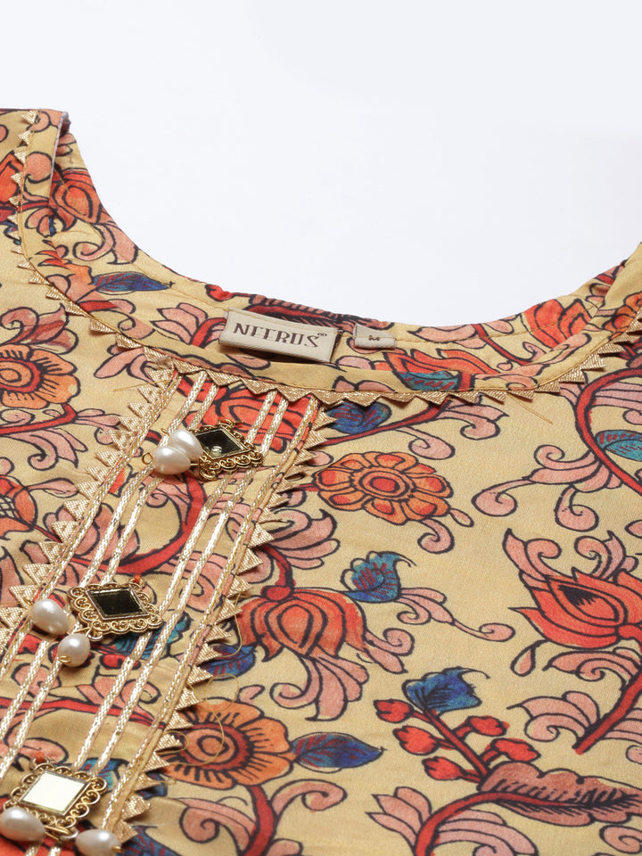 Neerus Yellow silk printed kurti straight silhouette - back view