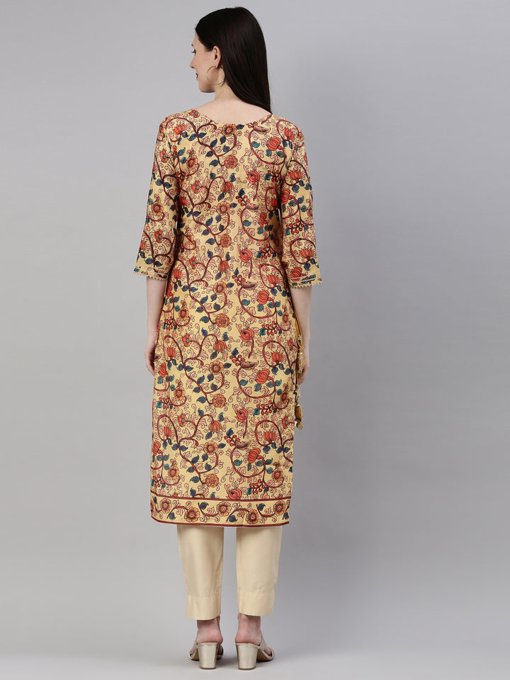 Neerus Yellow silk printed kurti straight silhouette - detail view 2