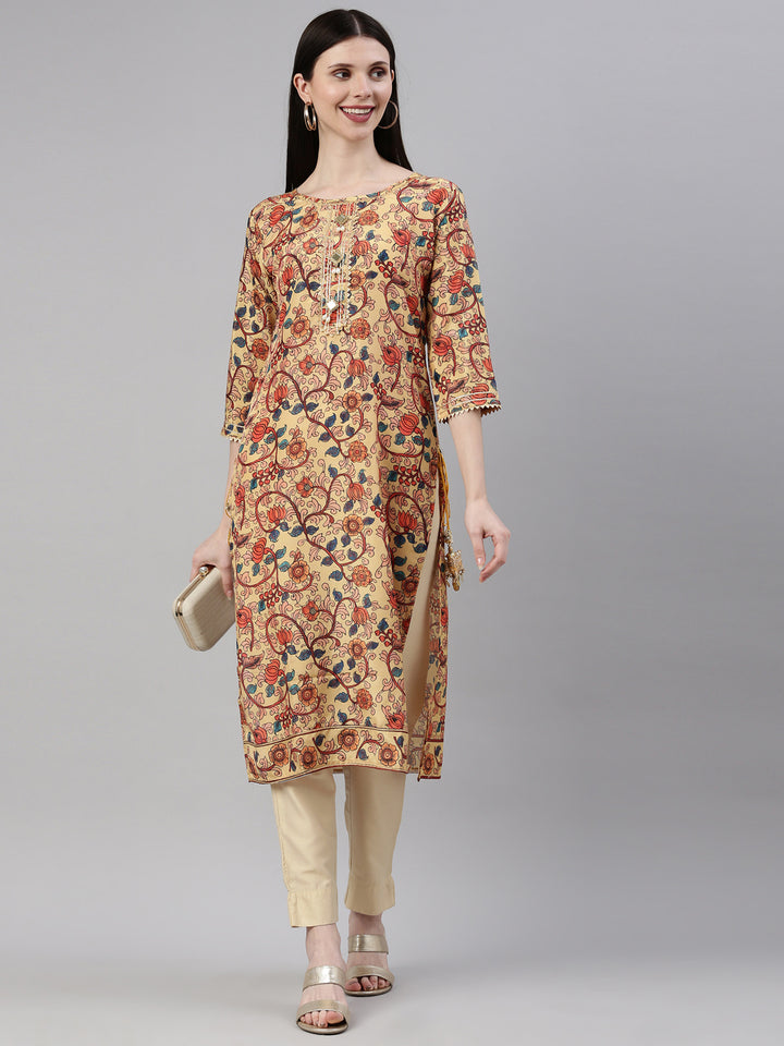 Neerus Yellow silk printed kurti straight silhouette - detail view 3