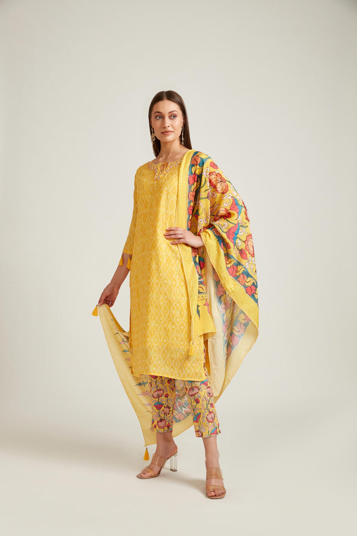 Neerus Yellow viscose rayon printed kurta set - front view
