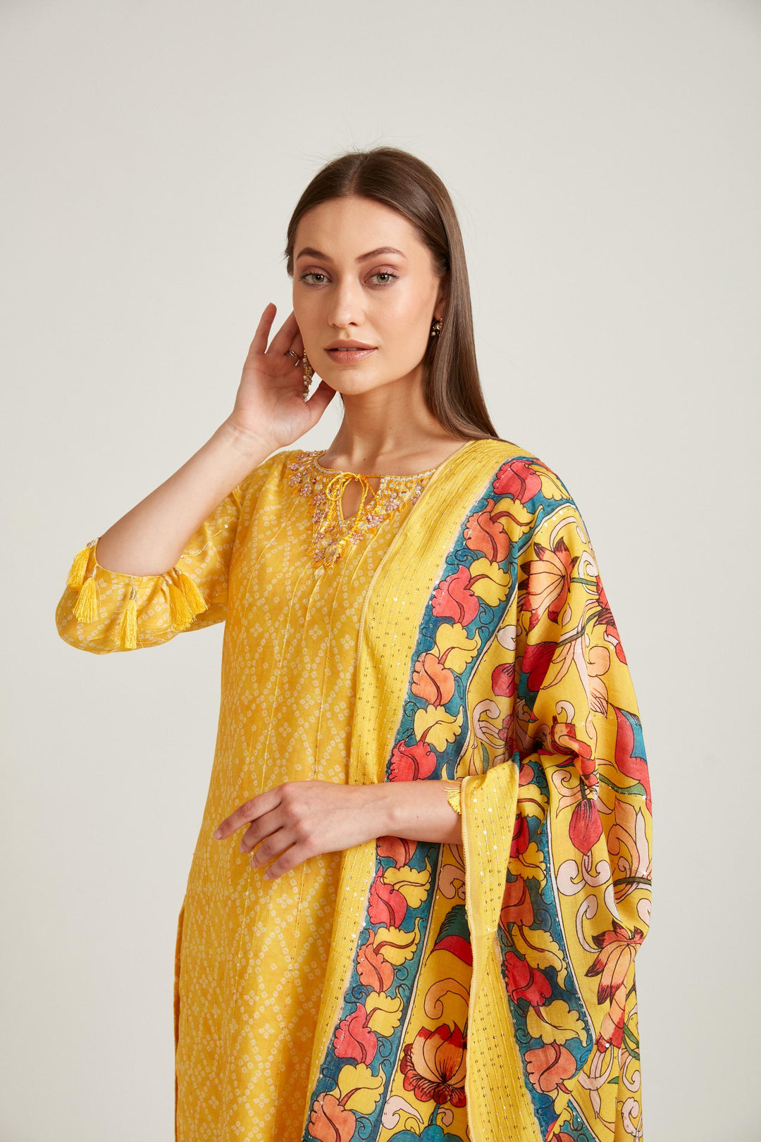 Neerus Yellow viscose rayon printed kurta set - side view