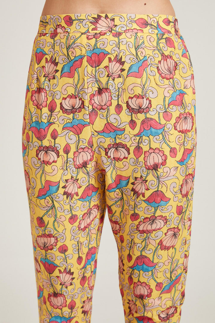 Neerus Yellow viscose rayon printed kurta set - detail view 1