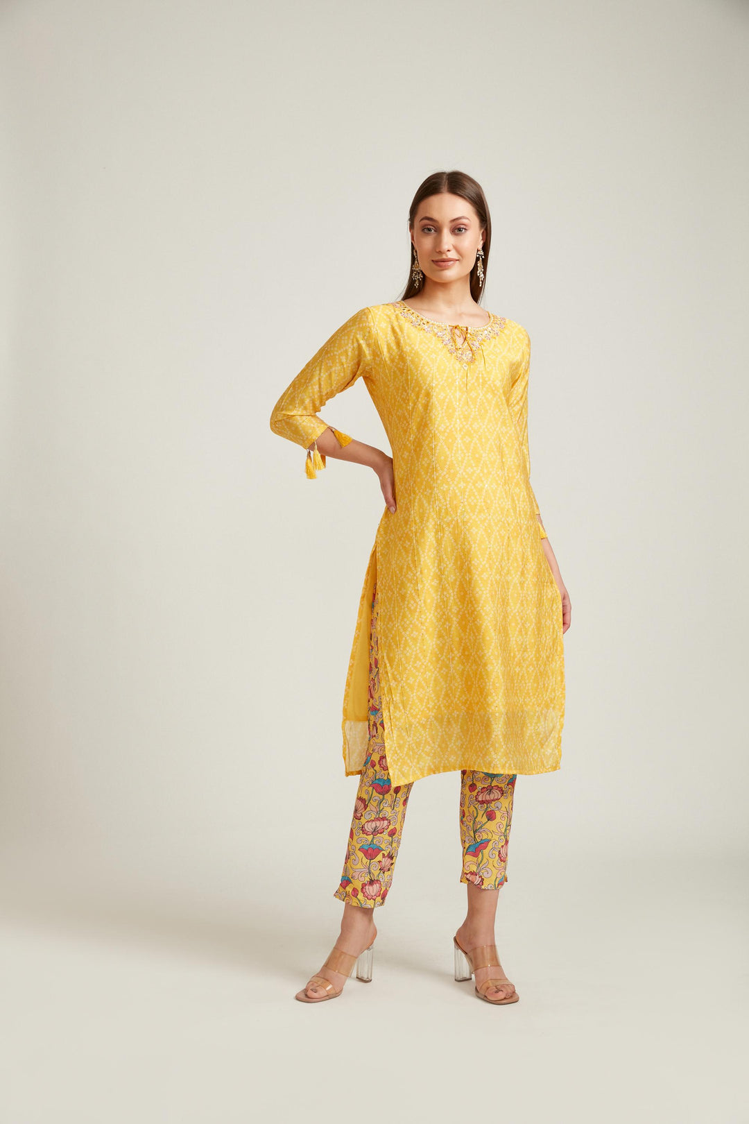 Neerus Yellow viscose rayon printed kurta set - detail view 4