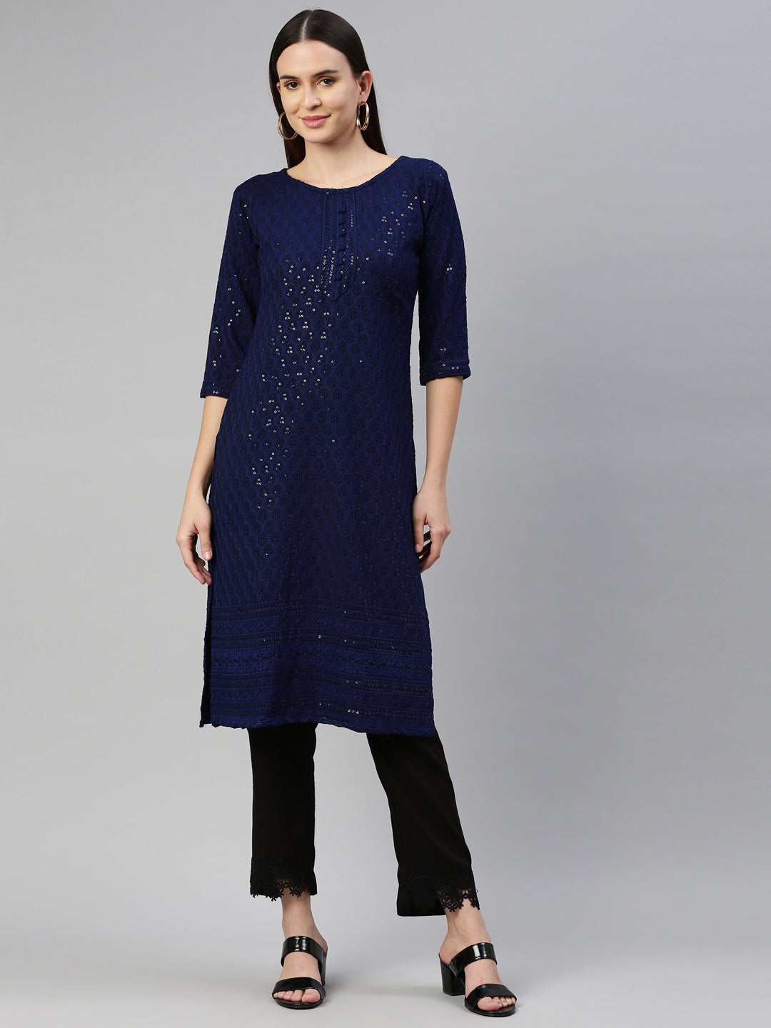 Neerus Blue cotton chikankari kurti - front view