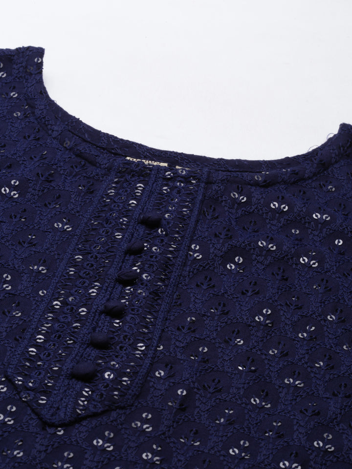 Neerus Blue cotton chikankari kurti - back view