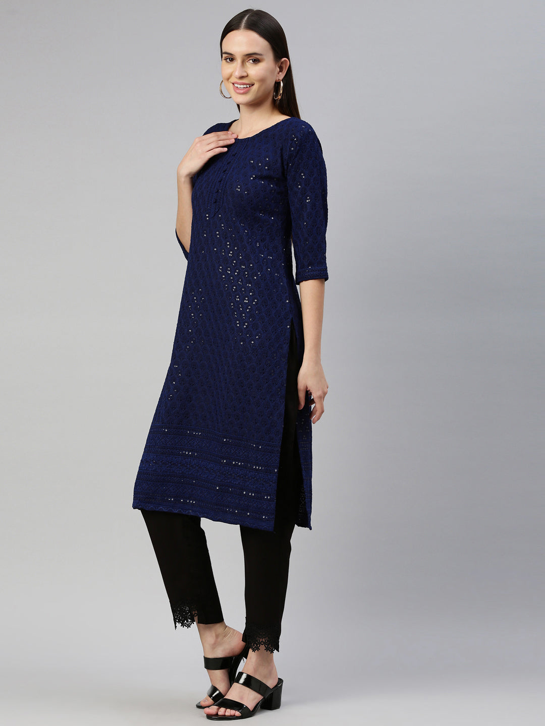 Neerus Blue cotton chikankari kurti - side view