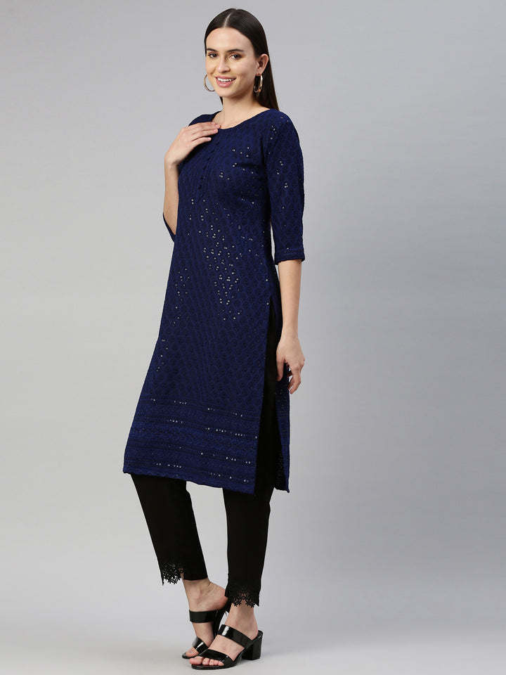Neerus Blue cotton chikankari kurti - side view