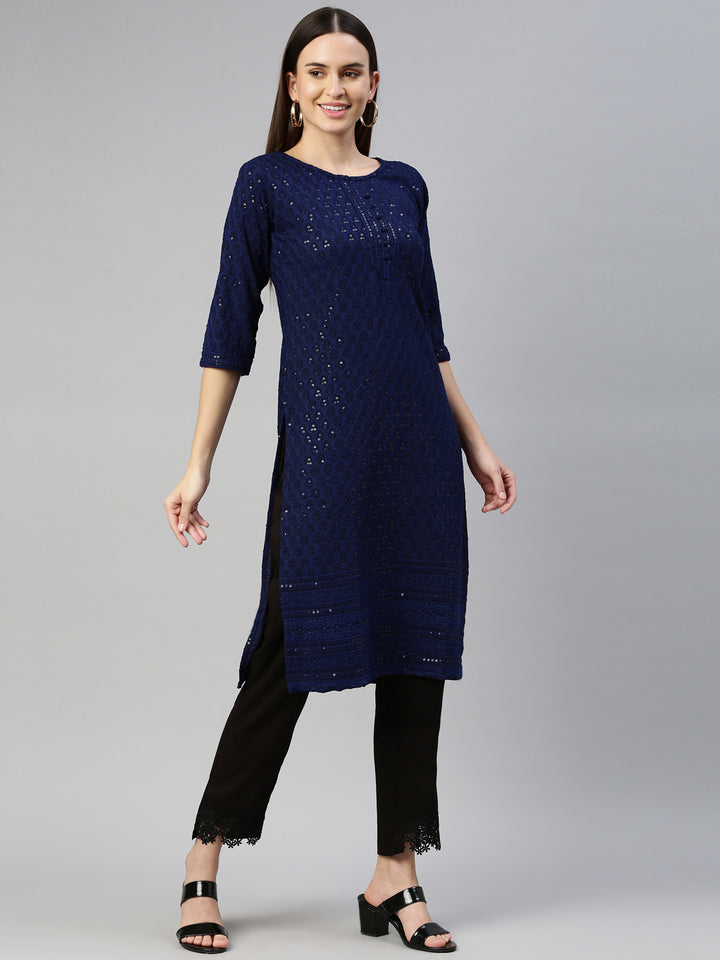 Neerus Blue cotton chikankari kurti - detail view 1