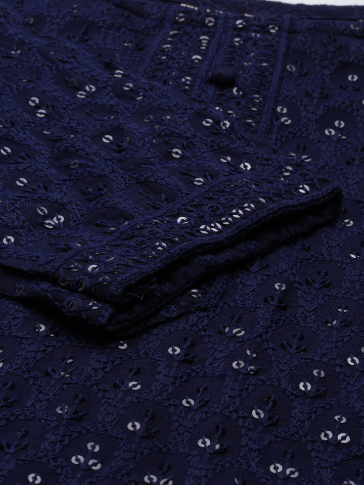 Neerus Blue cotton chikankari kurti - detail view 4