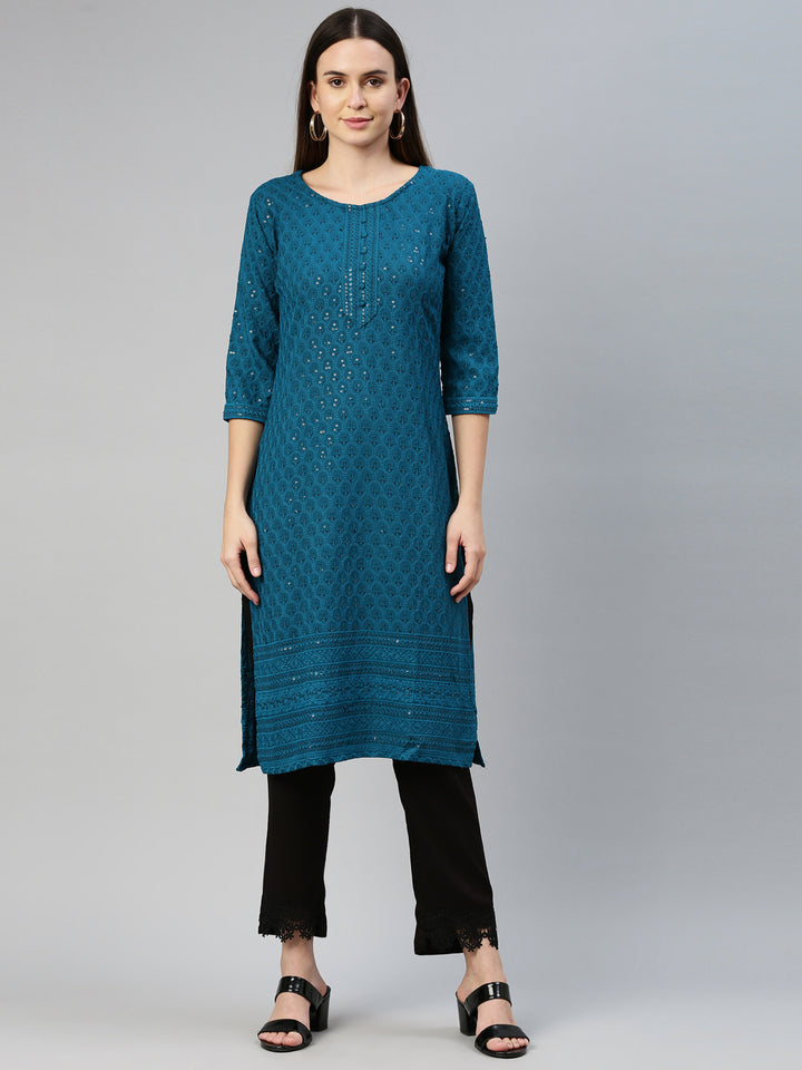 Neerus Green cotton chikankari kurti - front view