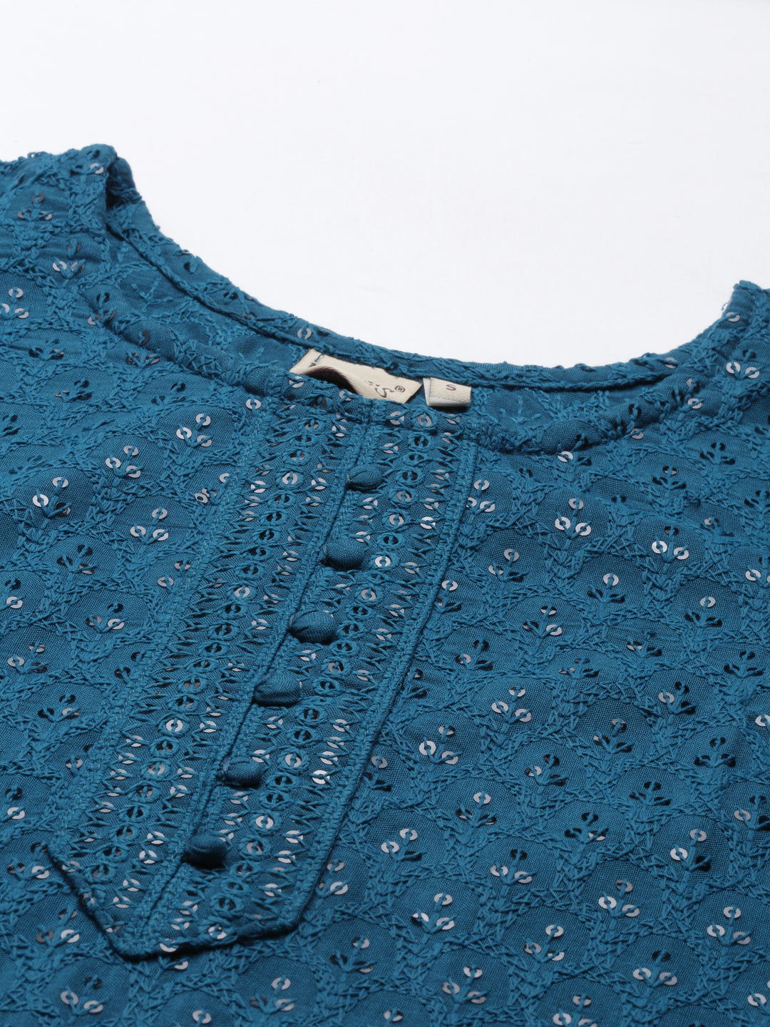 Neerus Green cotton chikankari kurti - back view