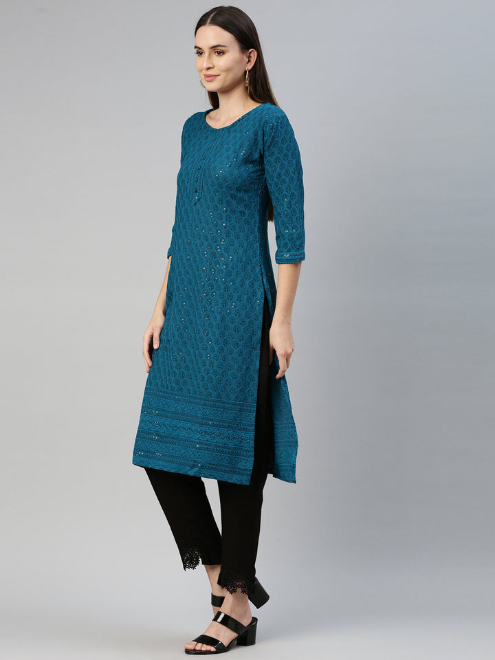 Neerus Green cotton chikankari kurti - side view
