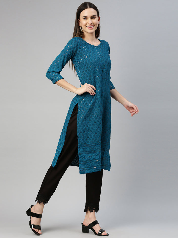 Neerus Green cotton chikankari kurti - detail view 1