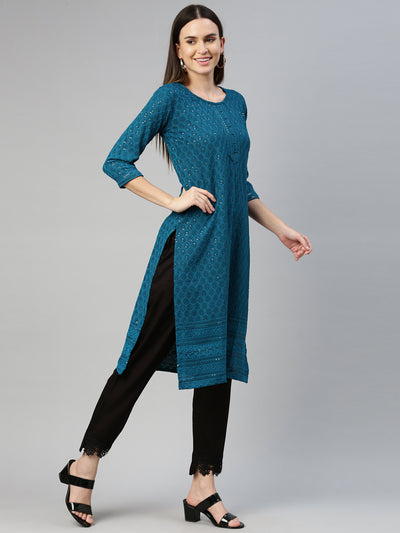 Neeru'S Rama Color Chiken Fabric Kurta