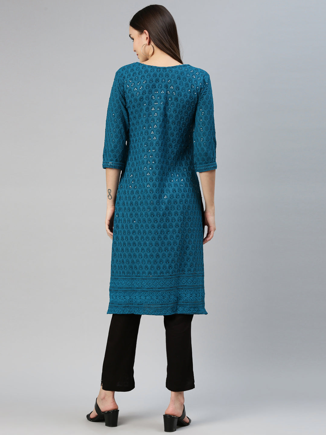 Neerus Green cotton chikankari kurti - detail view 2